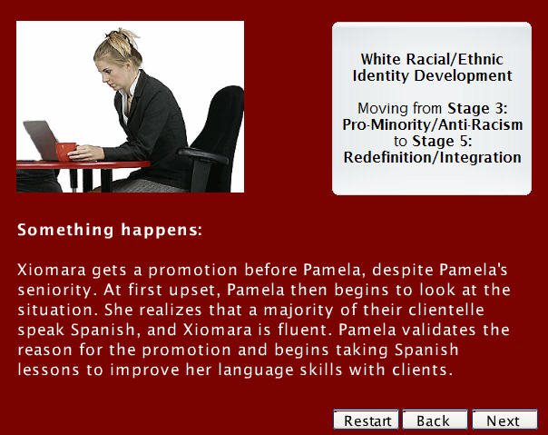 Screenshot from a course on cultural competency for teachers, one of my best ID projects. This is a snippet of a story about Pamela, a woman who was growing in understanding racial identity.