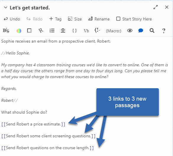 Passage text with three links at the bottom in double brackets
Caption: 3 links to 3 new passages