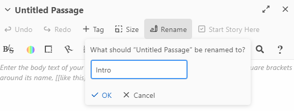 Dialog box for renaming a passage
