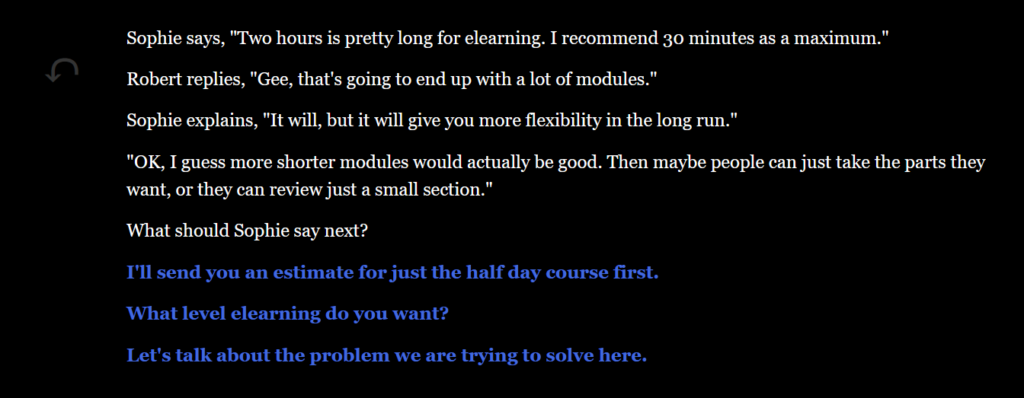 Twine passage with white text on a dark background and blue links with insufficient contrast