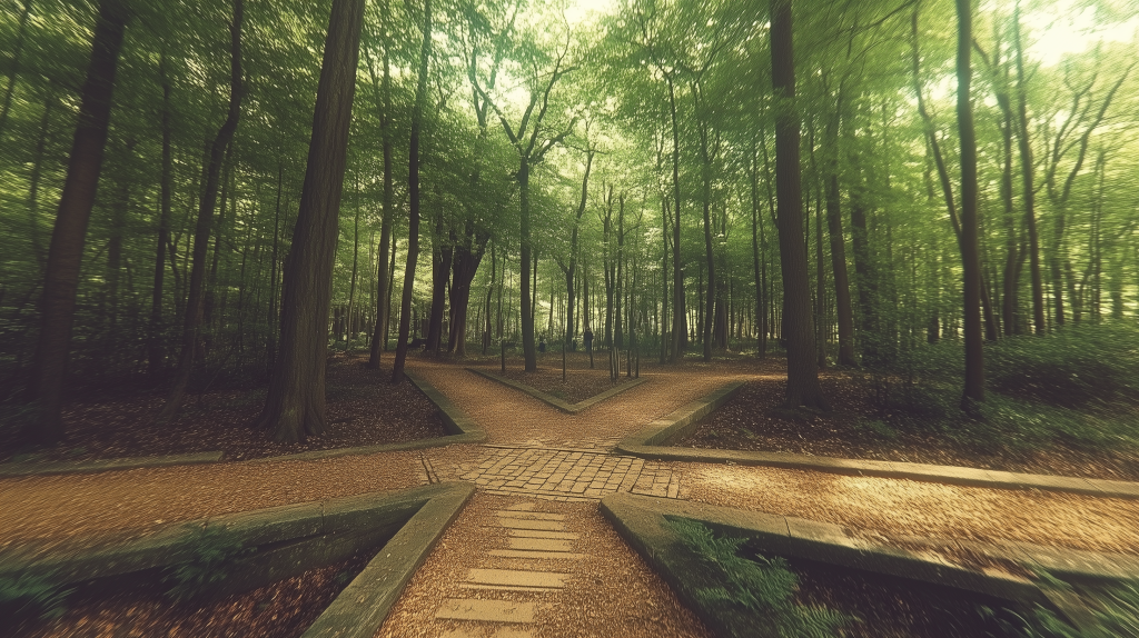 5 walking paths diverging in a forest. Visual metaphor for scenario choices