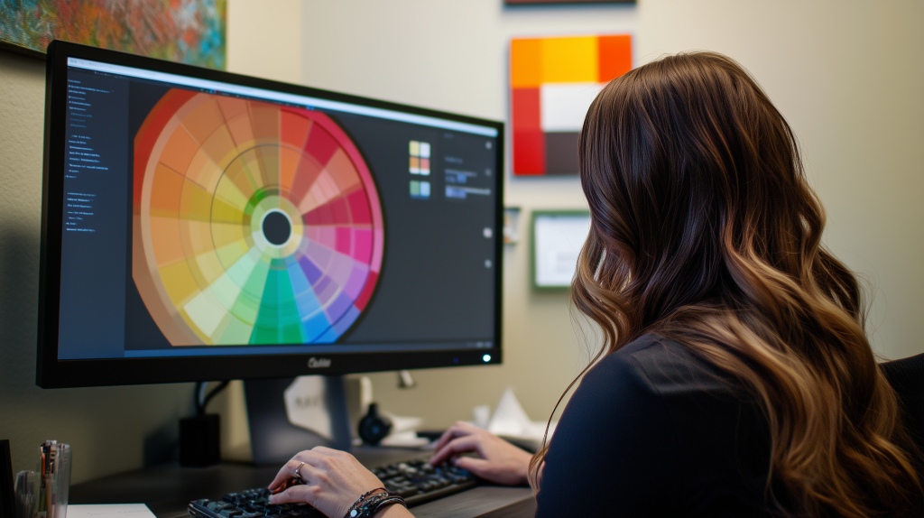 AI-generated image of a woman with long brown hair working on a color scheme and visual design on her computer