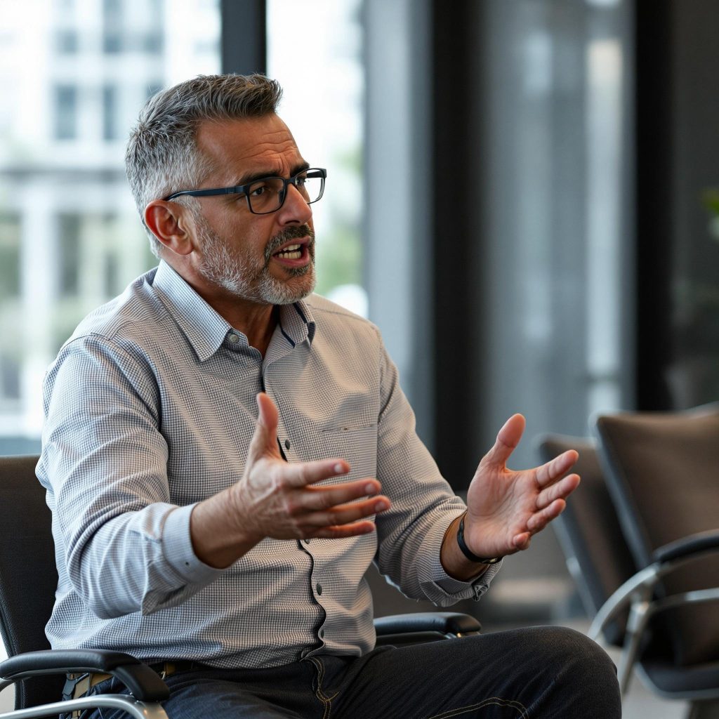 Image of a Latino man in his 50s wearing glasses, a button down shirt, and dark jeans, talking and gesturing with his hands in an office conference room.