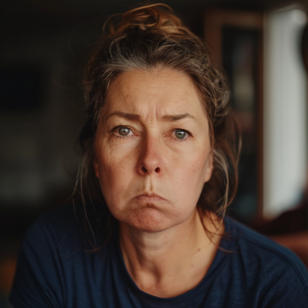 AI-edited image of the woman above with a slightly less exaggerated frown.