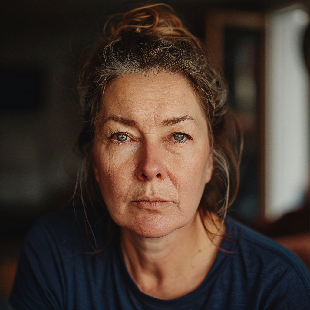 Midjourney-generated portrait of a woman in her mid 50s with her slightly graying hair in a messy bun.