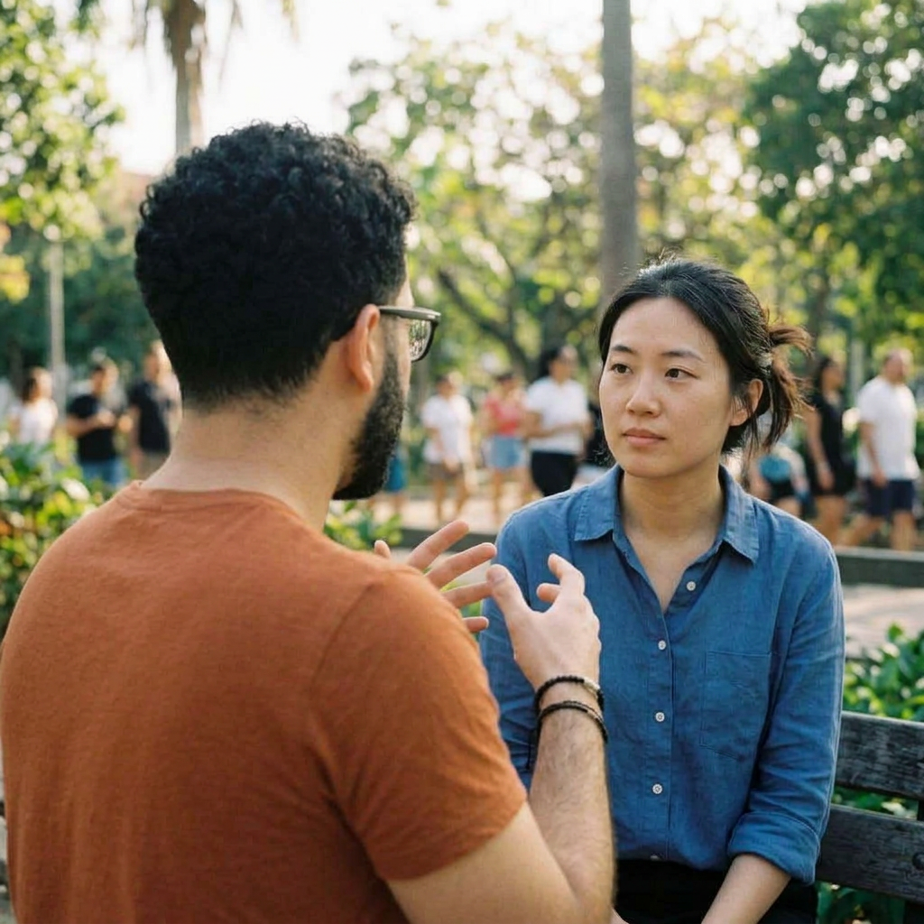 The same Puerto Rican man viewed from over the shoulder so you can see the Chinese woman he's talking to.