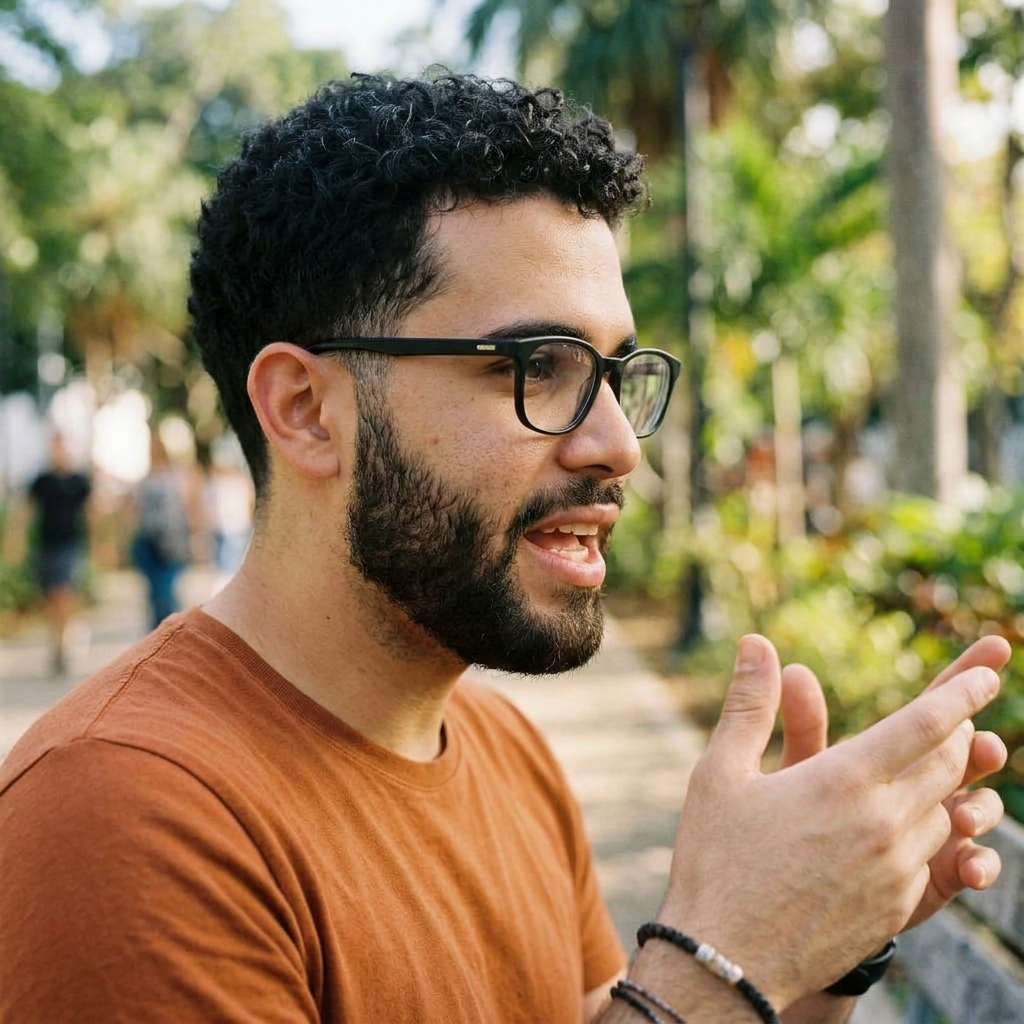 The same Puerto Rican man in an orange shirt talking.