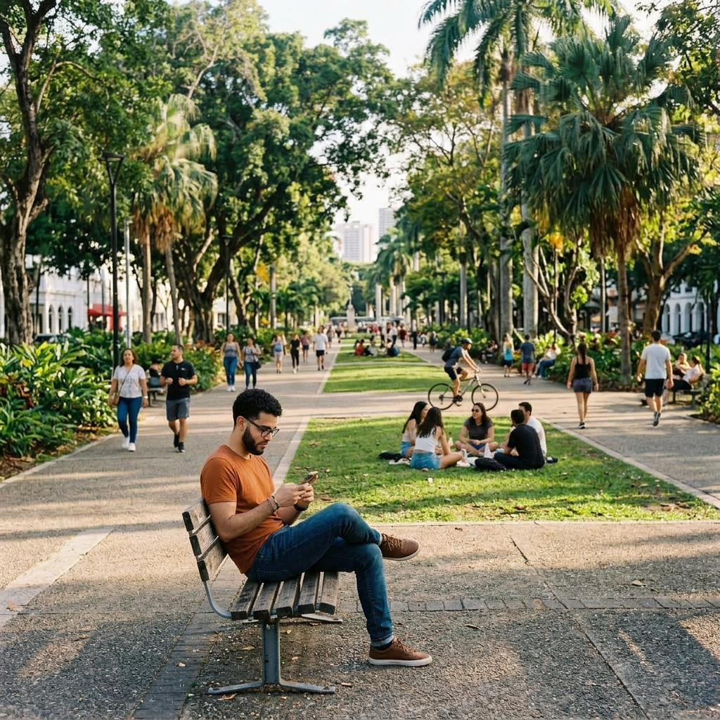 The same Puerto Rican man sitting on a bench looking at his phone, wide angle shot showing people walking, riding bicycles, and sitting on the grass in a boulevard.
