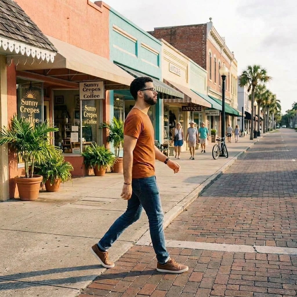 A Puerto Rican man in his 20s crossing the street with quaint shops in the background.