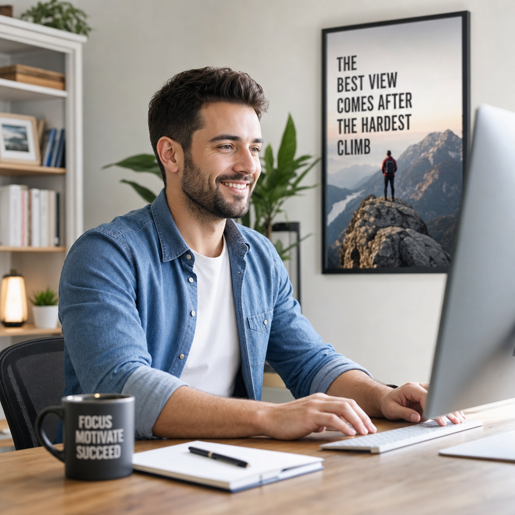 A cheesy AI-generated image of a smiling man with his hands resting on a keyboard with an inspirational poster behind him.