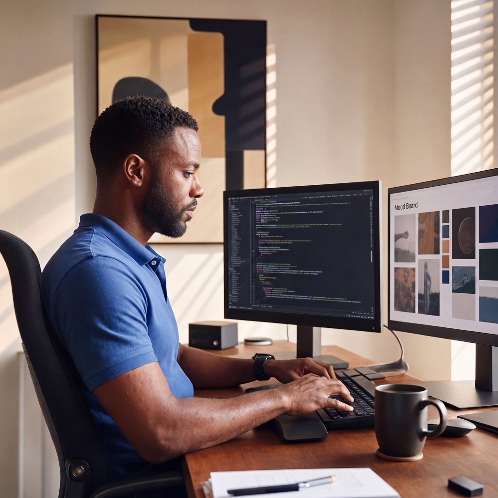 An AI-generated image of a Black man working with two monitors, the afternoon sun streaming through the window with shadows from the blinds.