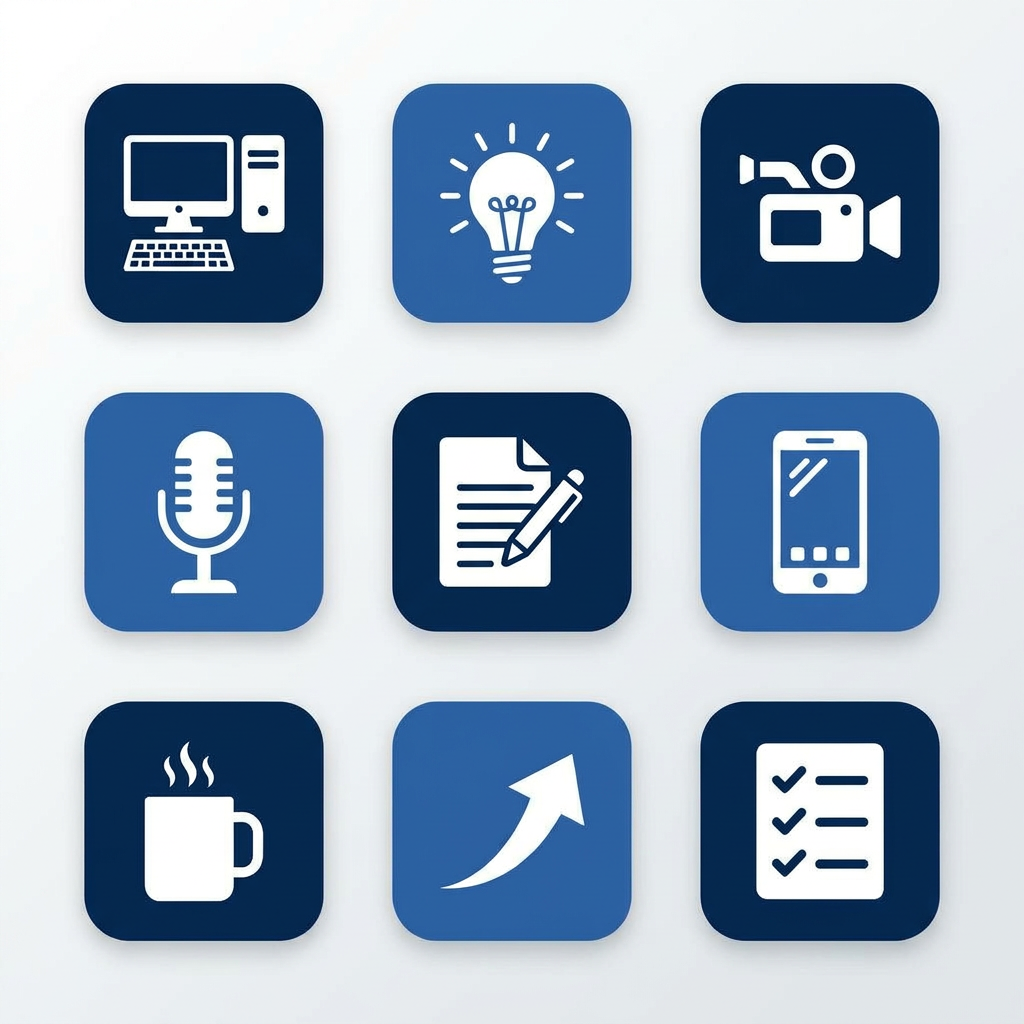 A 3x3 grid of icons, the same as the previous image, but in dark and medium blue (Christy's blog brand colors).
