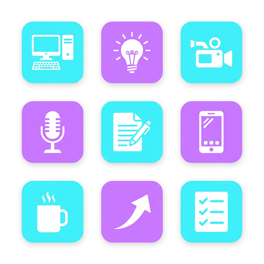 A 3x3 grid of icons in light purple and cyan.
